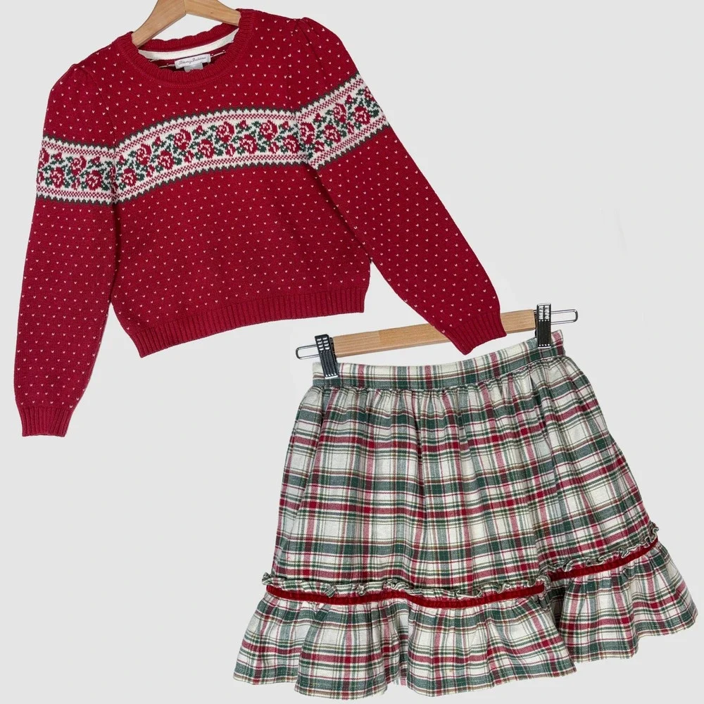 Tommy Bahama Sweater Skirt Set Girls 8 Red Plaid Floral Fair Isle Holiday 2pc